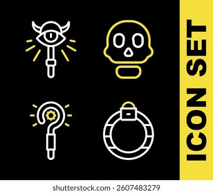Set line Skull, Magic stone ring, wand and staff icon. Vector