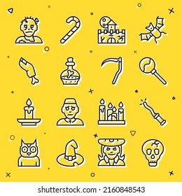 Set line Skull, Magic wand, Lollipop, Castle, fortress, Bottle with potion, Zombie finger, mask and Scythe icon. Vector