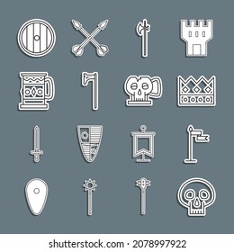 Set line Skull, Medieval flag, King crown, halberd, axe, Wooden mug, Round wooden shield and Cup from the skull icon. Vector