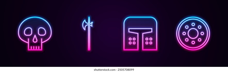 Set line Skull, Medieval halberd, iron helmet and Round wooden shield. Glowing neon icon. Vector