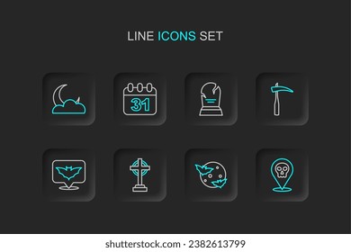 Set line Skull, Moon and stars, Tombstone with cross, Flying bat, Scythe, RIP written, Halloween date 31 october and  icon. Vector
