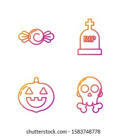 Set line Skull on crossbones , Pumpkin , Candy  and Tombstone with RIP. Gradient color icons. Vector