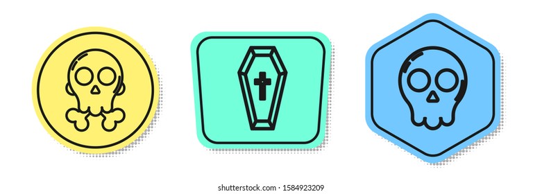 Set line Skull on crossbones , Coffin with christian cross  and Skull . Colored shapes. Vector