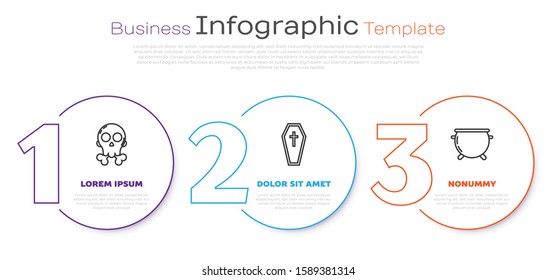 Set line Skull on crossbones , Coffin with christian cross  and Halloween witch cauldron . Business infographic template. Vector