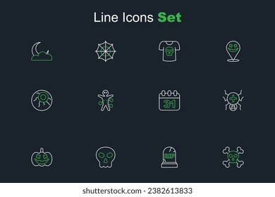 Set line Skull on crossbones, Tombstone with RIP written, Pumpkin, Spider, Halloween date 31 october, Voodoo doll and Eye icon. Vector