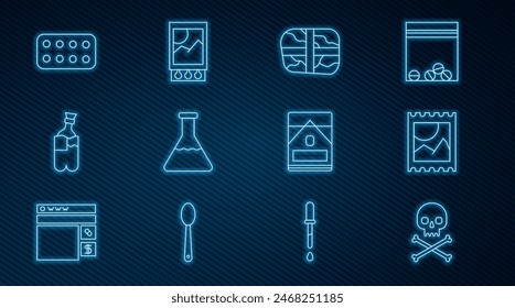 Set line Skull on crossbones, LSD acid mark, Package with cocaine, Test tube and flask, Bong for smoking marijuana, Pills blister pack, Cigarettes box and Open matchbox matches icon. Vector