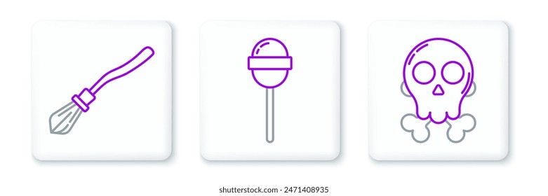 Set line Skull on crossbones, Witches broom and Lollipop icon. Vector