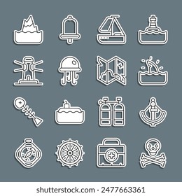 Set line Skull on crossbones, Anchor, Shark fin in ocean wave, Yacht sailboat, Jellyfish, Lighthouse, Iceberg and Pirate treasure map icon. Vector