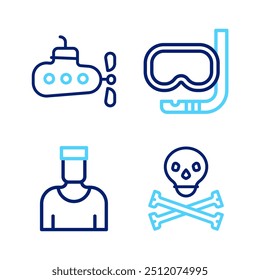 Set line Skull on crossbones, Sailor captain, Diving mask and snorkel and Submarine icon. Vector