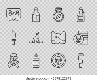 Set line Skull on crossbones, Spyglass telescope lens, Compass, Dynamite bomb, Location pirate, Bottle with message in water, Pirate coin and  icon. Vector