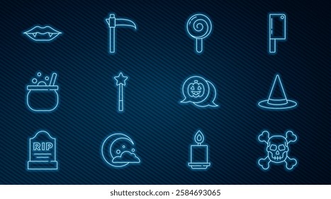 Set line Skull on crossbones, Witch hat, Lollipop, Magic wand, Halloween witch cauldron, Vampire teeth, Pumpkin and Scythe icon. Vector