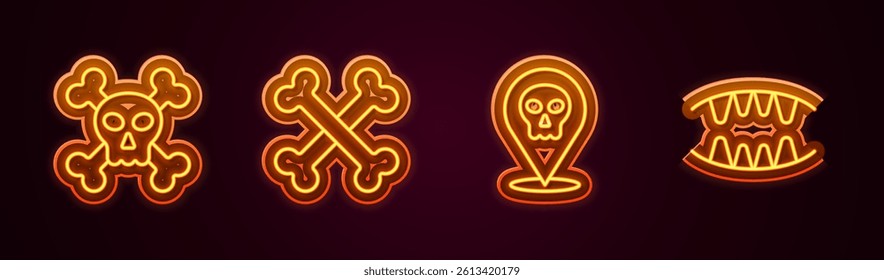 Set line Skull on crossbones, Crossed,  and Vampire teeth. Glowing neon icon. Vector