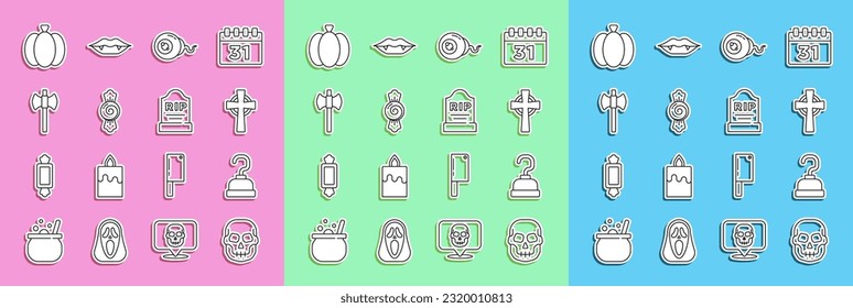 Set Zeile Schädel, Pirate Haken, Tombstone mit Kreuz, Auge, Kerze, Holzaxt, Kürbis und RIP geschrieben Symbol. Vektorgrafik