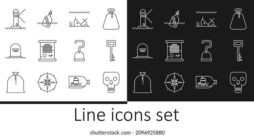 Set line Skull, Pirate key, Sunken ship, Decree, parchment, scroll, Tombstone with RIP written, Lighthouse, hook and Bottle message in water icon. Vector