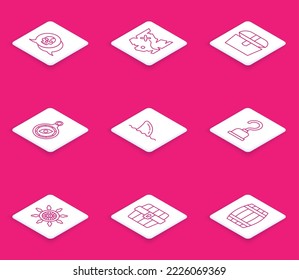 Set line Skull, Pirate treasure map, Antique chest, Compass, Shark fin in ocean wave, hook, Ship steering wheel and  icon. Vector