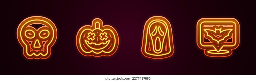Set line Skull, Pumpkin, Funny and scary ghost mask and Flying bat. Glowing neon icon. Vector