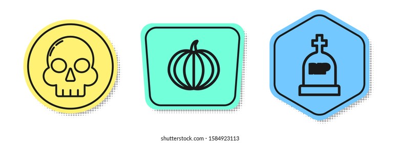 Set line Skull , Pumpkin  and Tombstone with RIP. Colored shapes. Vector