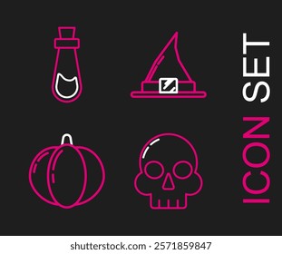 Set line Skull, Pumpkin, Witch hat and Bottle with potion icon. Vector