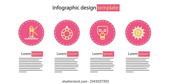 Set line Skull, Ship steering wheel, Lifebuoy and Lighthouse icon. Vector