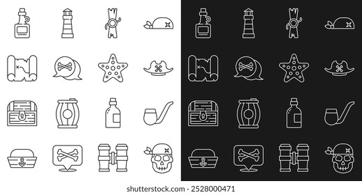 Cráneo, pipa de fumar, sombrero pirata, decreto, pergamino, pergamino, pirata de Locación, mapa del tesoro, bebida alcohólica Ron y Starfish icono. Vector