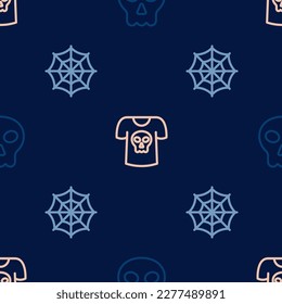 Set line Skull, Spider web and Shirt with skull on seamless pattern. Vector