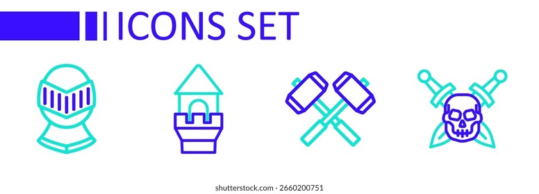 Set line Skull with sword, Crossed battle hammers, Castle tower and Medieval helmet icon. Vector