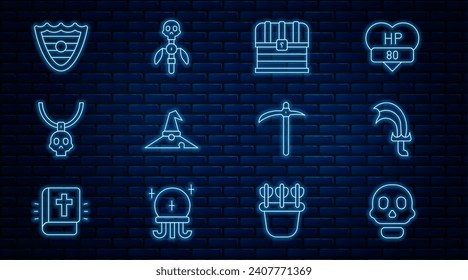 Skull-Linie, Schwert für Spiel, Truhe, Hexenhut, Necklace-Amulet, Schild, Pickaxe und Magic-Stab Symbol. Vektorgrafik
