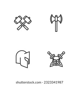 Fijar la línea Calavera con espada, casco medieval, martillos de batalla cruzados e ícono de poleaxe. Vector