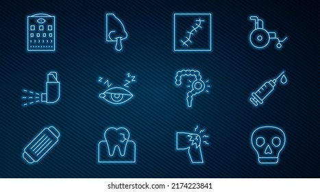 Set line Skull, Syringe, Scar with suture, Insomnia, Inhaler, Eye test chart, Gut constipation and Runny nose icon. Vector