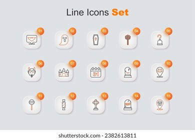 Set line Skull, Tombstone with RIP written, cross, Candy, Lollipop, Happy Halloween holiday,  and date 31 october icon. Vector