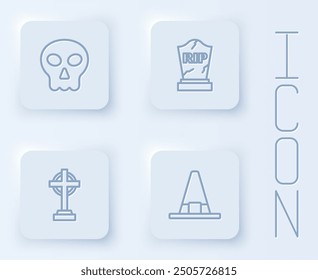 Set line Skull, Tombstone with RIP written, cross and Witch hat. White square button. Vector