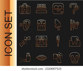 Set line Skull, Tooth with caries, IV bag, Heart rate, Eye test chart, Deaf, First aid kit and Runny nose icon. Vector