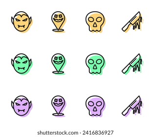Indique el cráneo, el vampiro, la fiesta de Halloween feliz y el icono del cuchillo sangriento. Vector