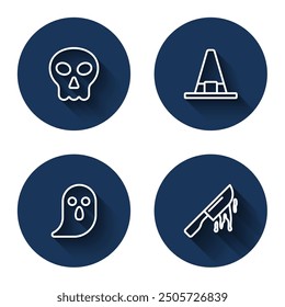 Set line Skull, Witch hat, Ghost and Bloody knife with long shadow. Blue circle button. Vector