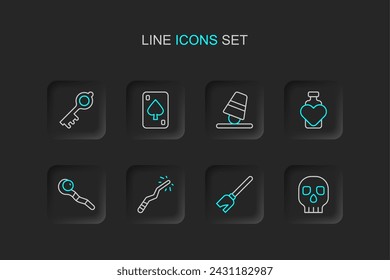 Set line Skull, Witches broom, Magic wand, staff, Bottle with love potion, Game thimbles, Playing cards and Old magic key icon. Vector