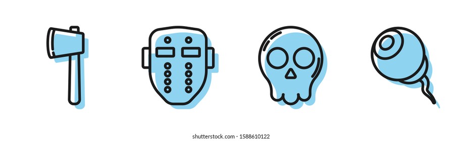 Set line Skull , Wooden axe , Hockey mask  and Eye  icon. Vector
