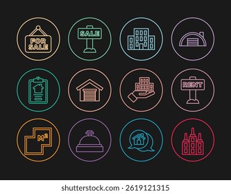 Set line Skyscraper, Hanging sign with Rent, House, Garage, contract, For Sale,  and  icon. Vector