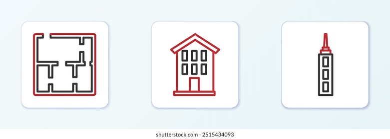 Set line Skyscraper, House plan and  icon. Vector