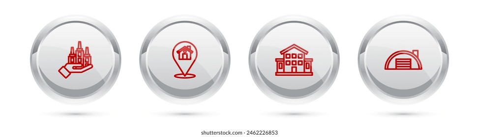Set line Rascacielos, Locación con casa, Casa y Almacén. Botón círculo plateado. Vector
