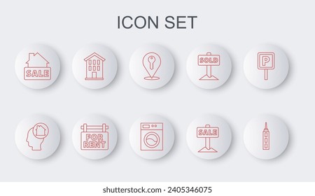 Set line Skyscraper, Man dreaming about buying house, Location key, Hanging sign with Sale, House, For Rent and Washer icon. Vector