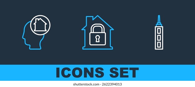 Set line Skyscraper, Man dreaming about buying house and House under protection icon. Vector