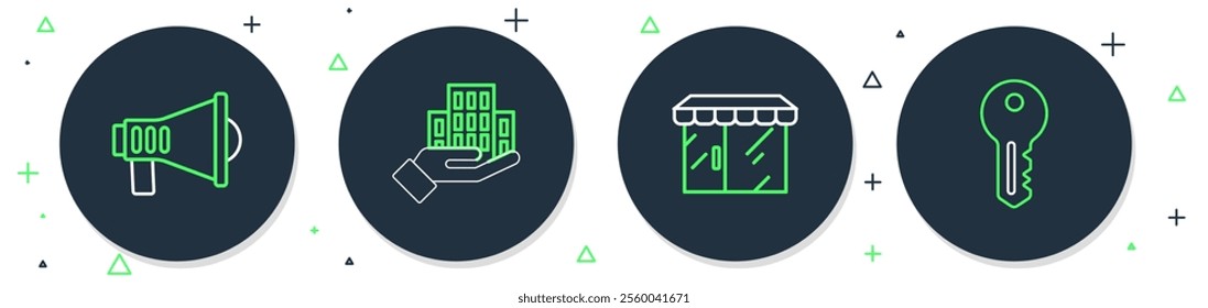 Set line Skyscraper, Market store, Megaphone and House key icon. Vector