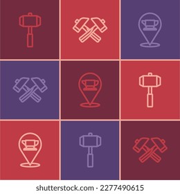 Set line Sledgehammer, Blacksmith anvil tool and Crossed icon. Vector