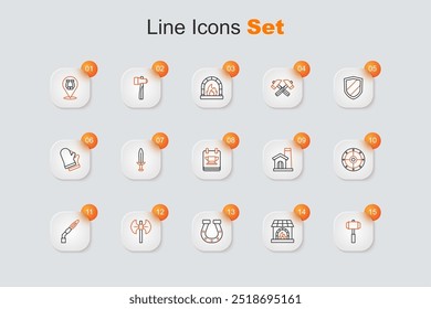 Set line Sledgehammer, Blacksmith oven, Horseshoe, Medieval poleaxe, Welding torch, Round shield, Smithy workshop interior and anvil tool icon. Vector