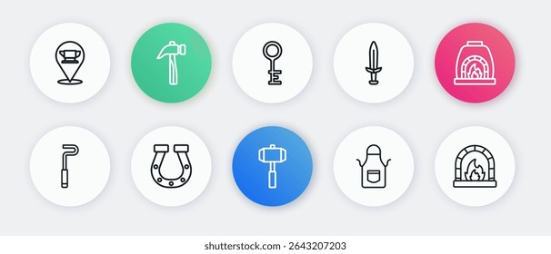 Set Linie Sledgehammer, Schmied Ofen, Fire Poker, Schürze, Mittelalterliches Schwert, Alter Schlüssel, und Hufeisen-Symbol. Vektorgrafik