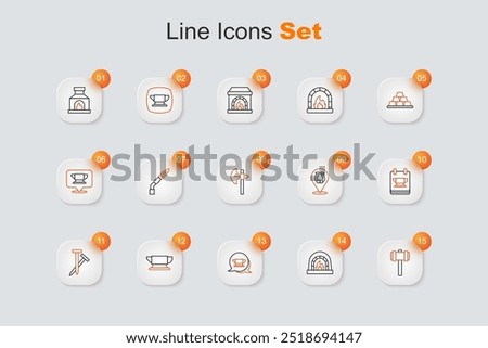 Set line Sledgehammer, Blacksmith oven, anvil tool, Metallic nails, Horseshoe and Medieval axe icon. Vector