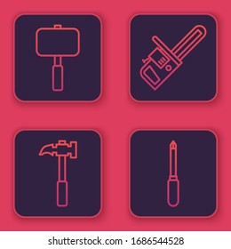 Set line Sledgehammer, Claw hammer, Chainsaw and Screwdriver. Blue square button. Vector