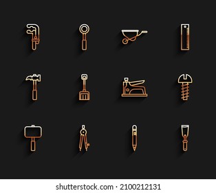 Set line Sledgehammer, Drawing compass, Clamp tool, Pencil with eraser, Putty knife, Snow shovel, Metallic screw and Construction stapler icon. Vector