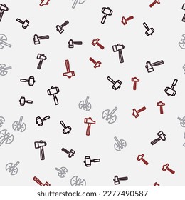 Set line Sledgehammer, Hammer, Medieval poleaxe and  on seamless pattern. Vector