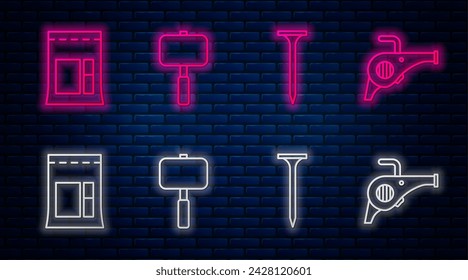 Set line Sledgehammer, Metallic nail, Cement bag and Leaf garden blower. Glowing neon icon on brick wall. Vector